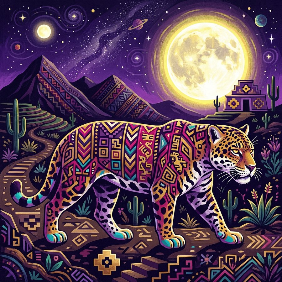 Jaguarul — animalul de putere al Vestului, ilustrație în stil textil andin