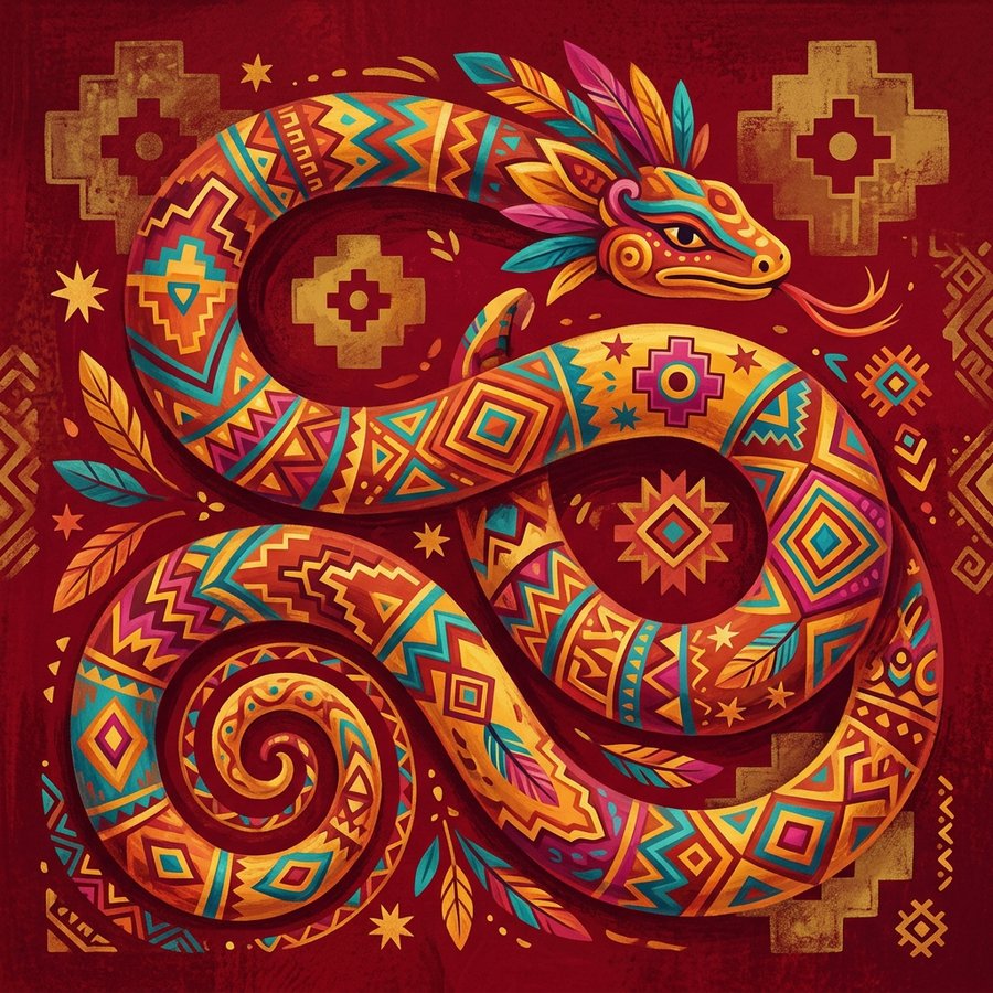 Șarpele — animalul de putere al Sudului, ilustrație în stil textil andin